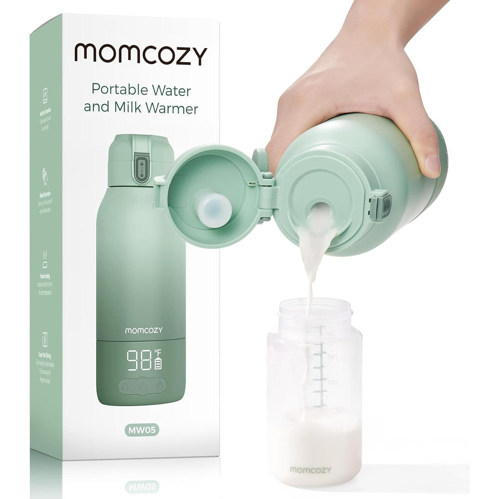 Momcozy portable bottle warmer in green front view
