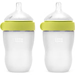 Comotomo silicone baby bottle gen two double pack front view showing the green anti colic feeding bottles.