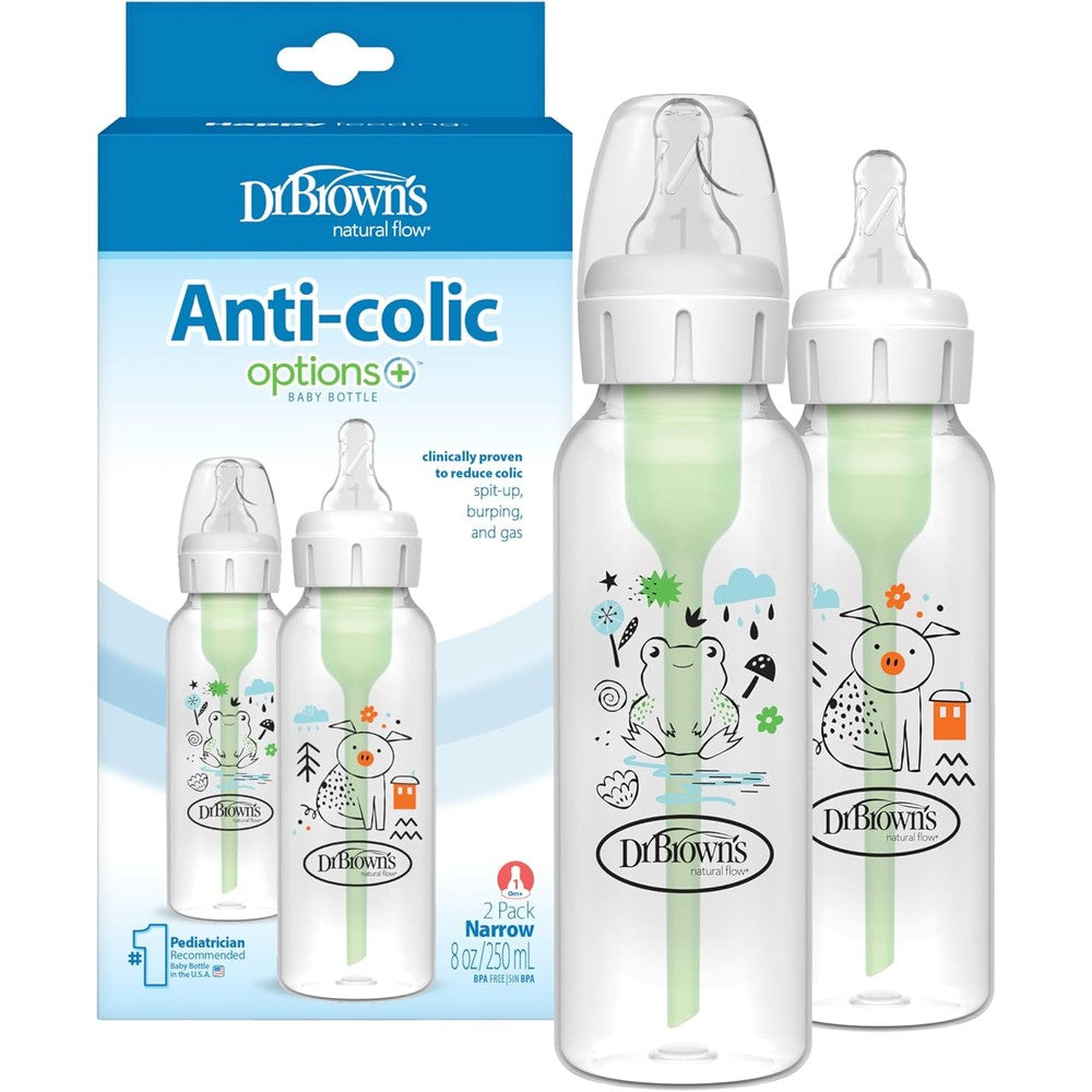 Dr. Brown's Natural Flow Anti-Colic Narrow Baby Bottle set with animal design