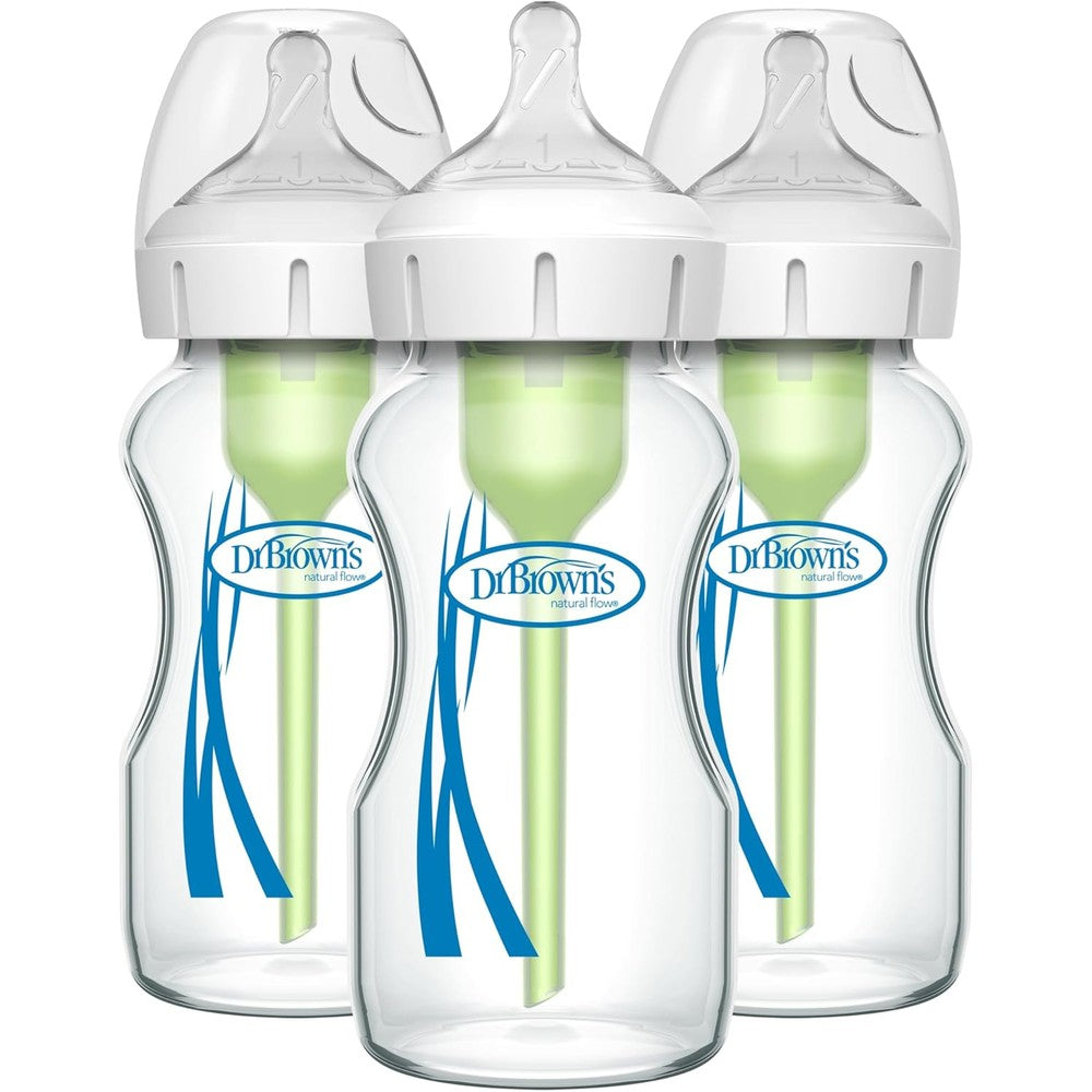 Dr. Brown's Options Plus wide-neck glass baby bottle three-pack front view