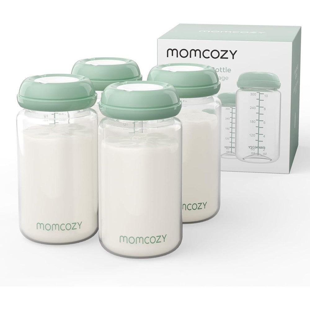 Momcozy Natural Baby Bottle front view of four-pack wide-neck containers.
