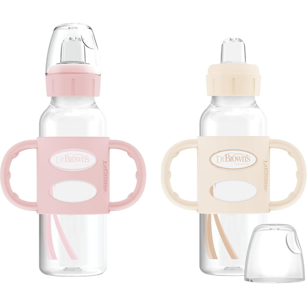 Dr. Brown's Milestones Narrow Sippy Spout Bottle front view in pink