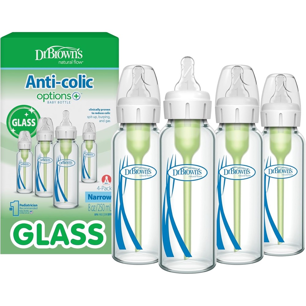 Dr. Brown's anti-colic narrow glass baby bottle 4-pack front view showcasing premium borosilicate glass design