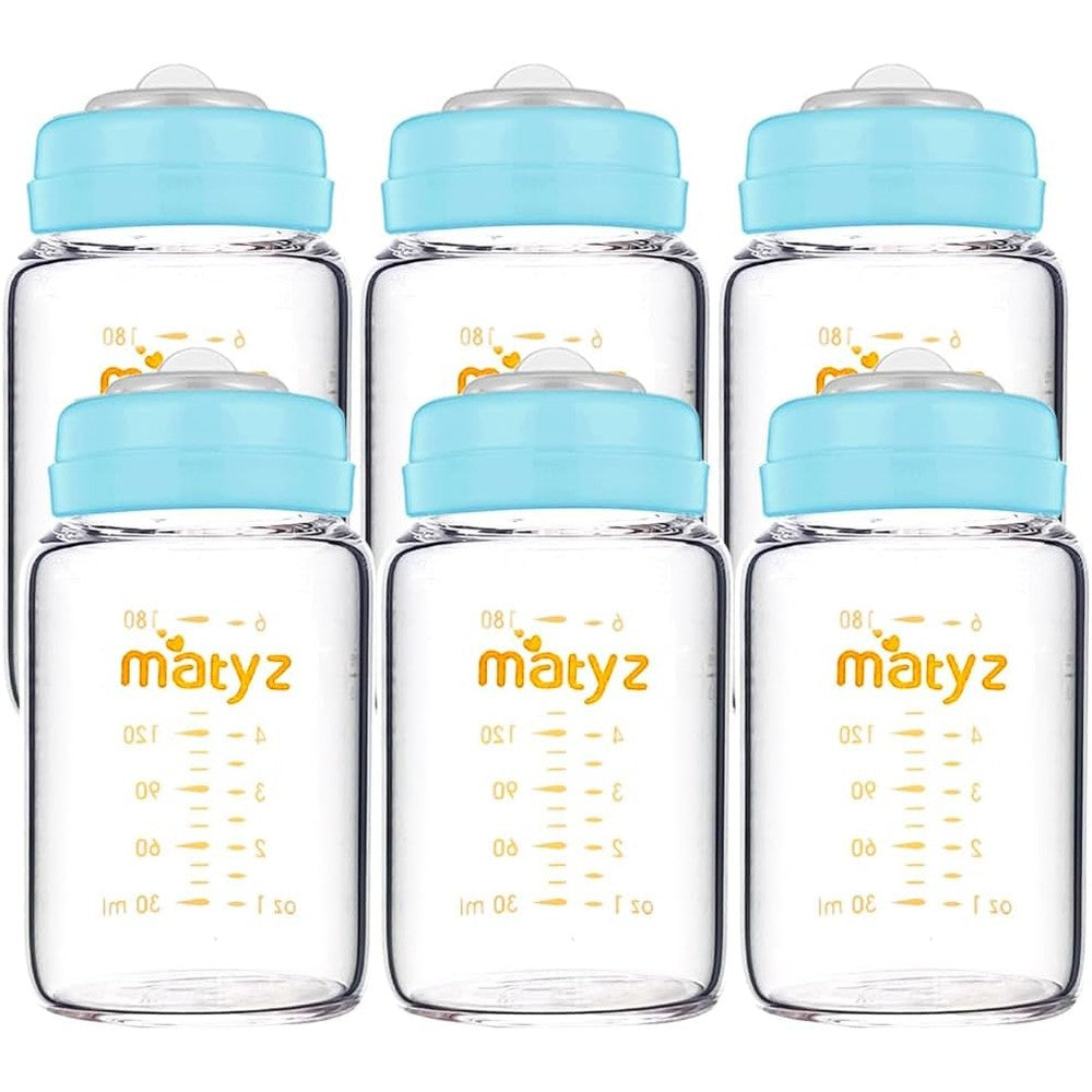 Matyz 6 pack glass breastmilk storage bottles front view