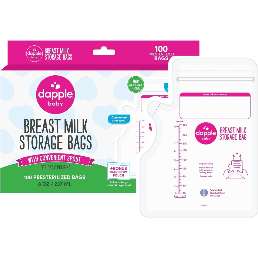 Dapple breast milk storage bags front view with 100 count packaging