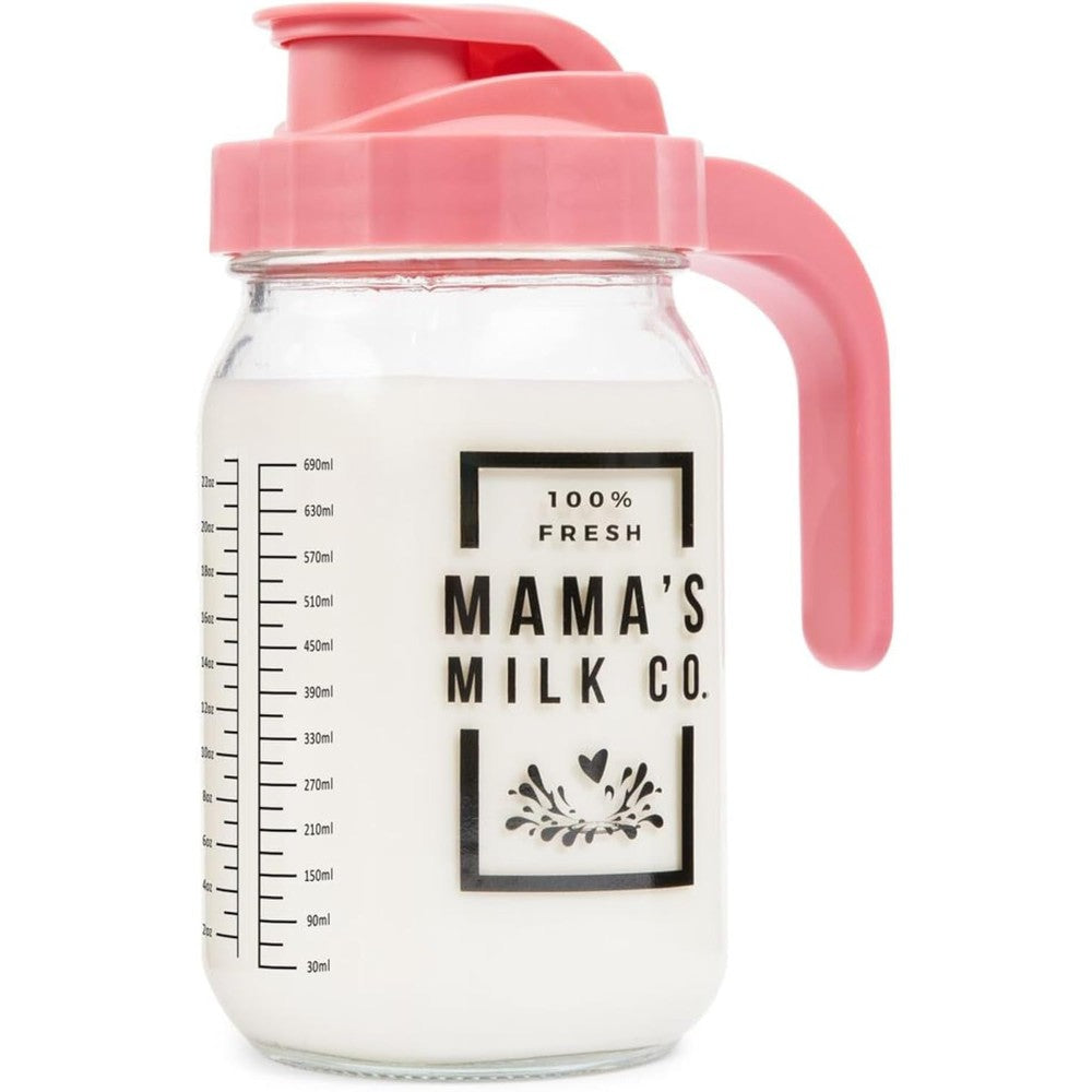 Nestberry glass breast milk pitcher with pink pop top lid front view