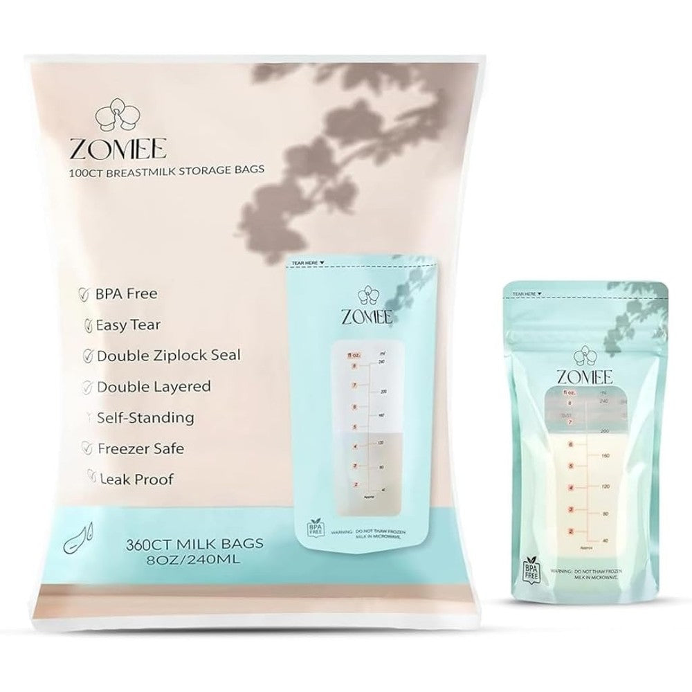 Zomee breast milk storage bags 360 count box front view
