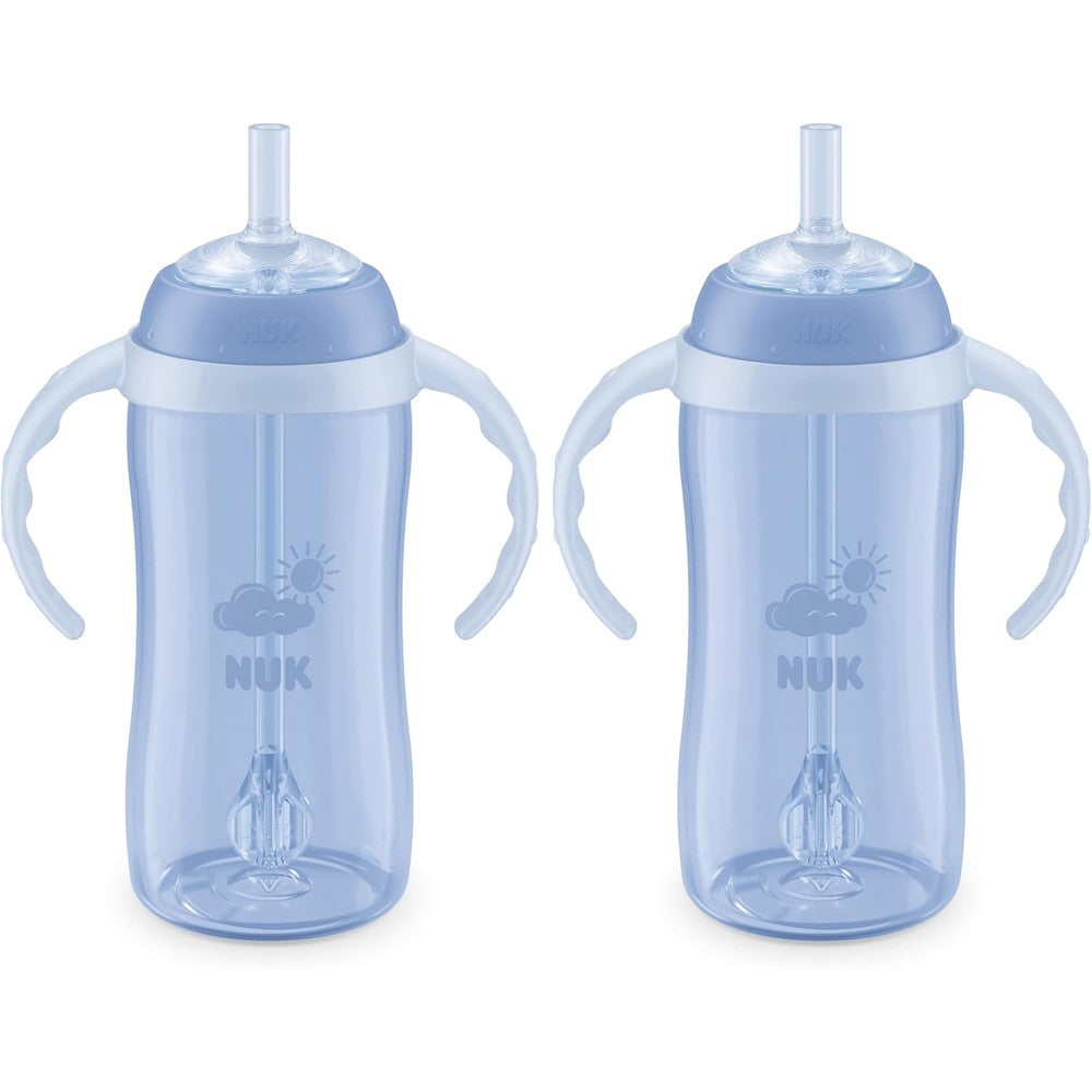 NUK Learner Straw Cup 10 Ounce front view showing blue toddler cup with handles