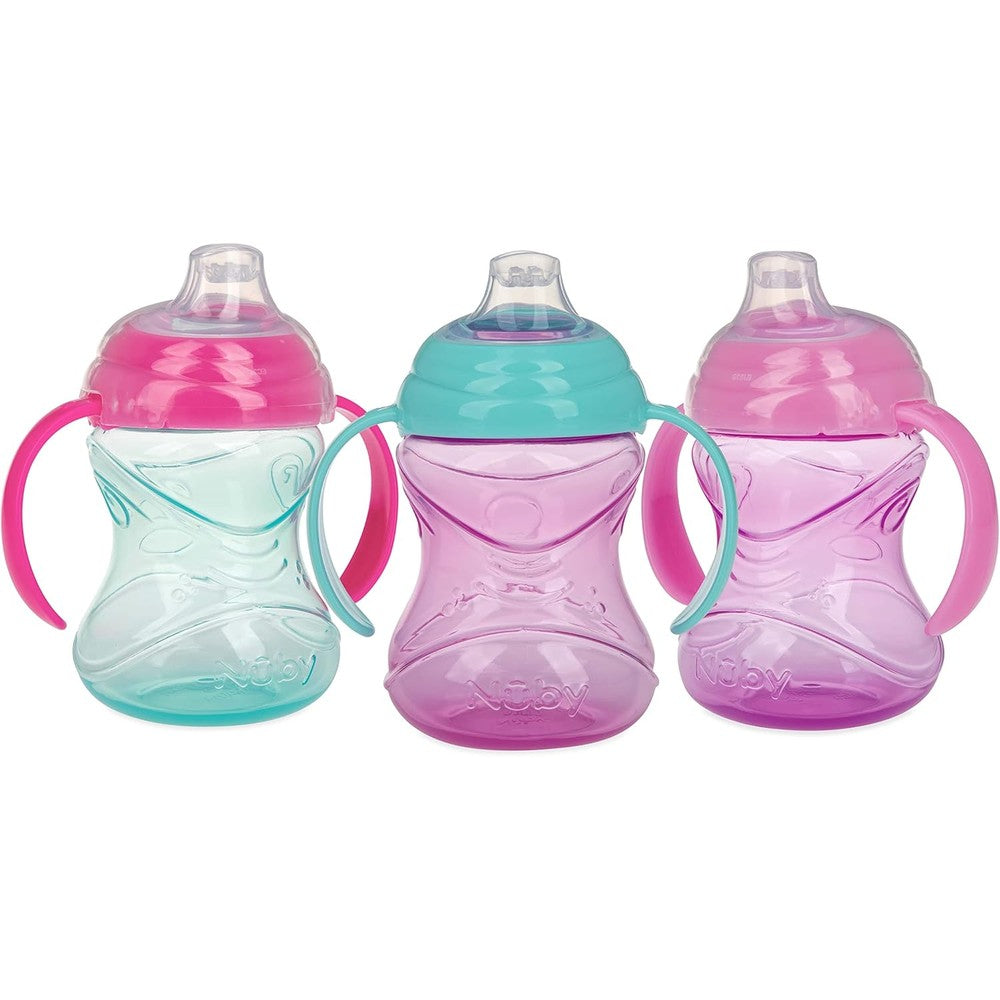 Nuby Clik-It Grip N' Sip Sippy Cup 3-pack front view showcasing the aqua purple and pink colors for girls.