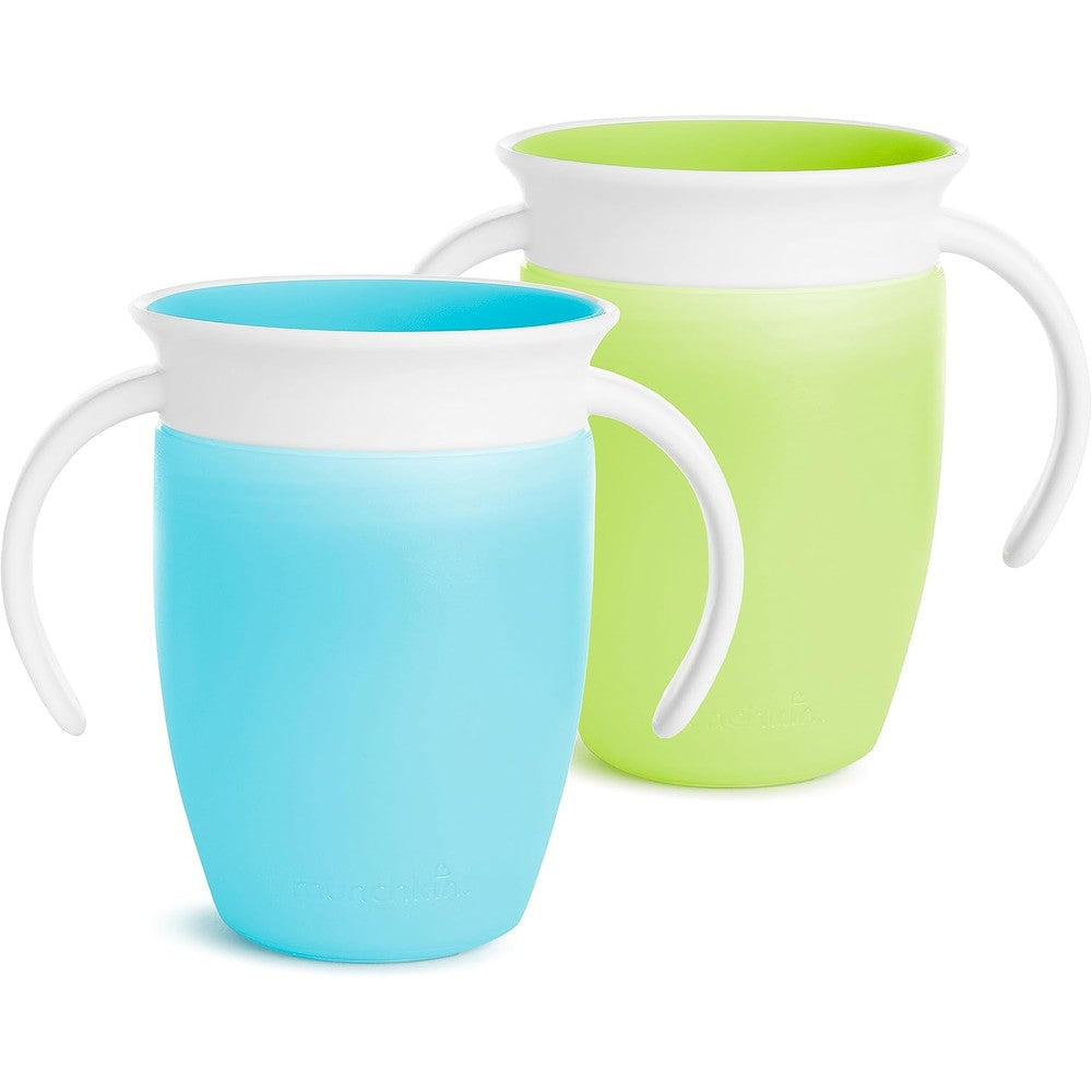 Munchkin Miracle 360 Trainer Cup front view showing blue and green toddler sippy cups with handles.
