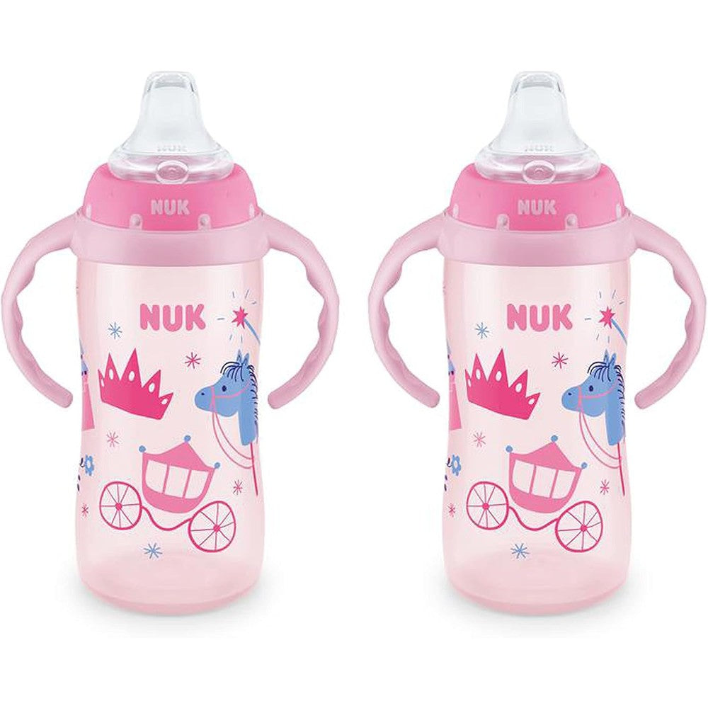 NUK Learner Sippy Cup 2 Pack front view showcasing princess graphics and easy-grip pink handles.