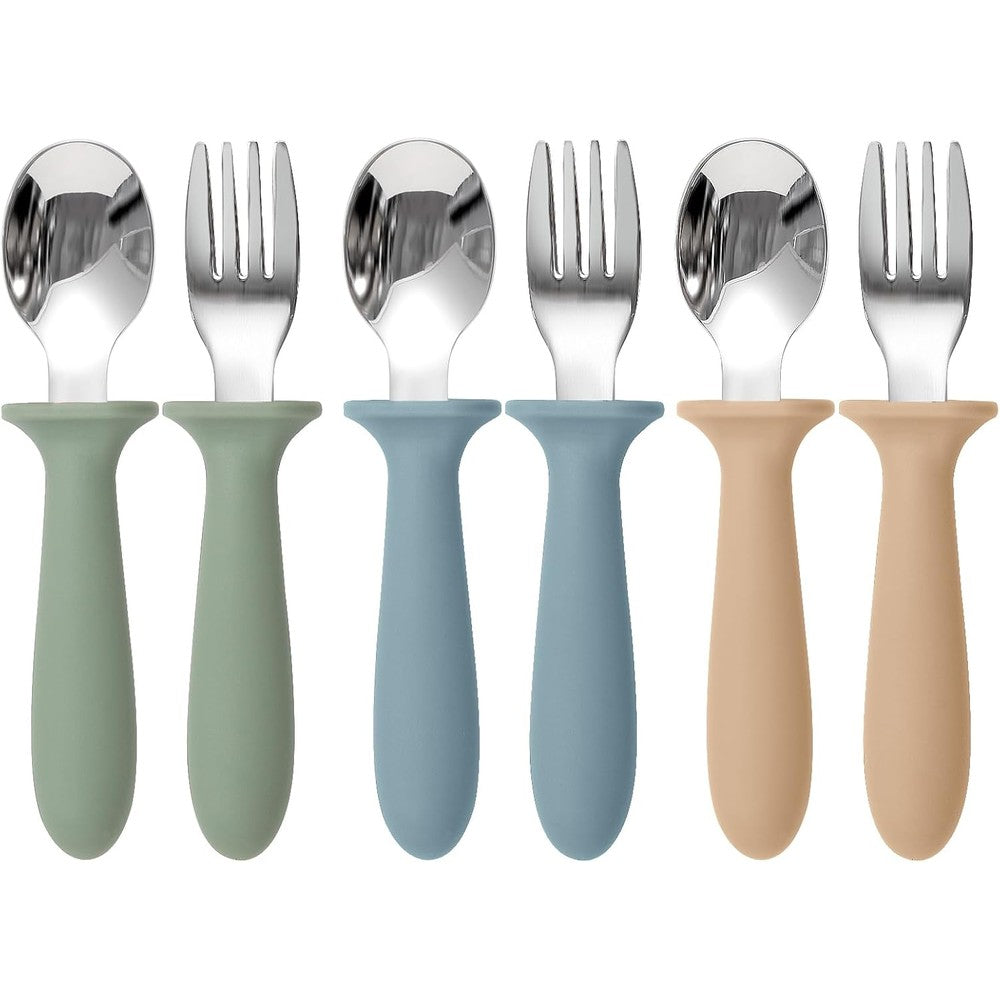 Eascrozn toddler utensils 6 pack front view with stainless steel finish