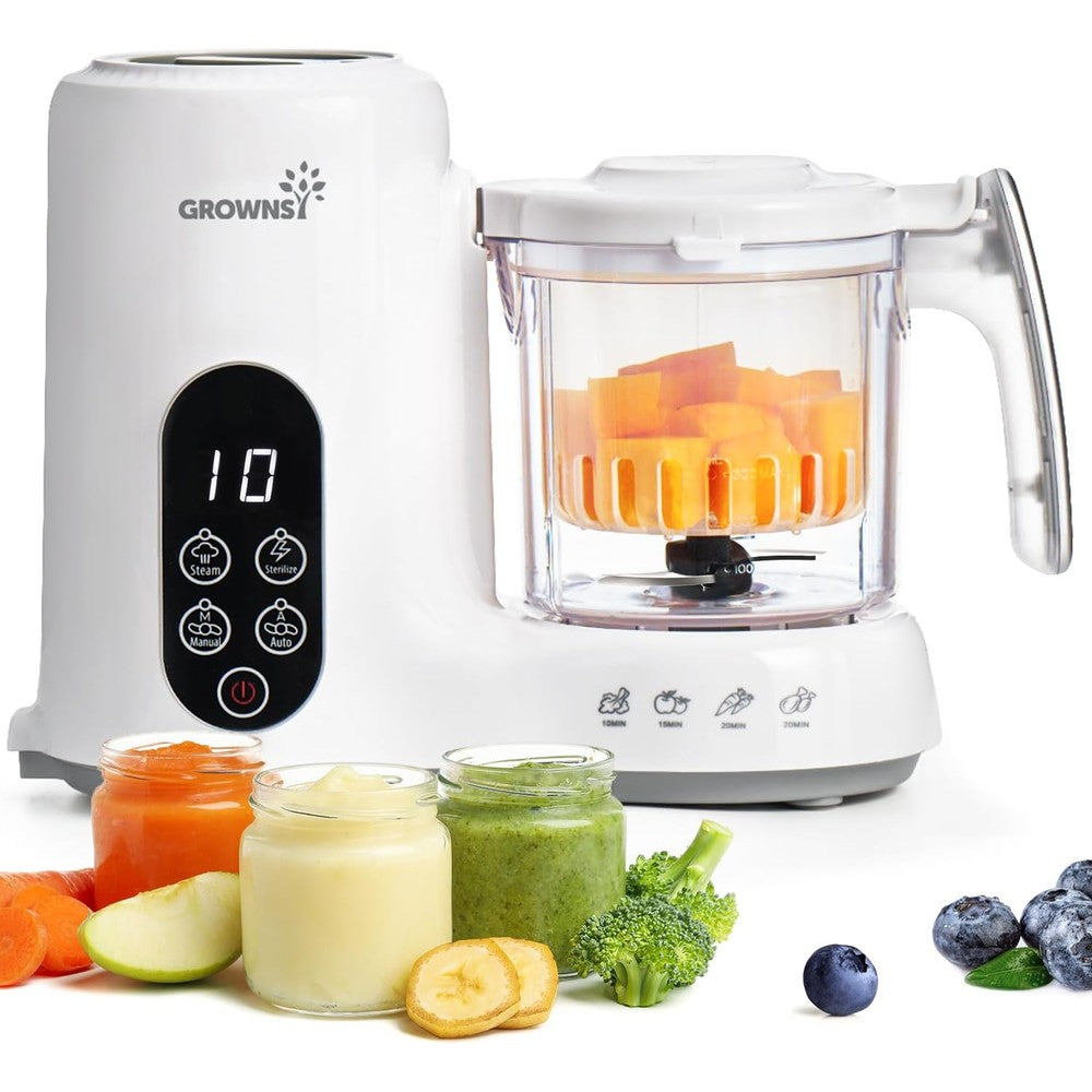 Grownsy baby food maker front view showing digital display controls