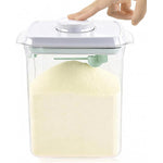 Vione Cozey Daily Formula Container front view showing the clear 2300ml rectangular body and gray one-button airtight lid.