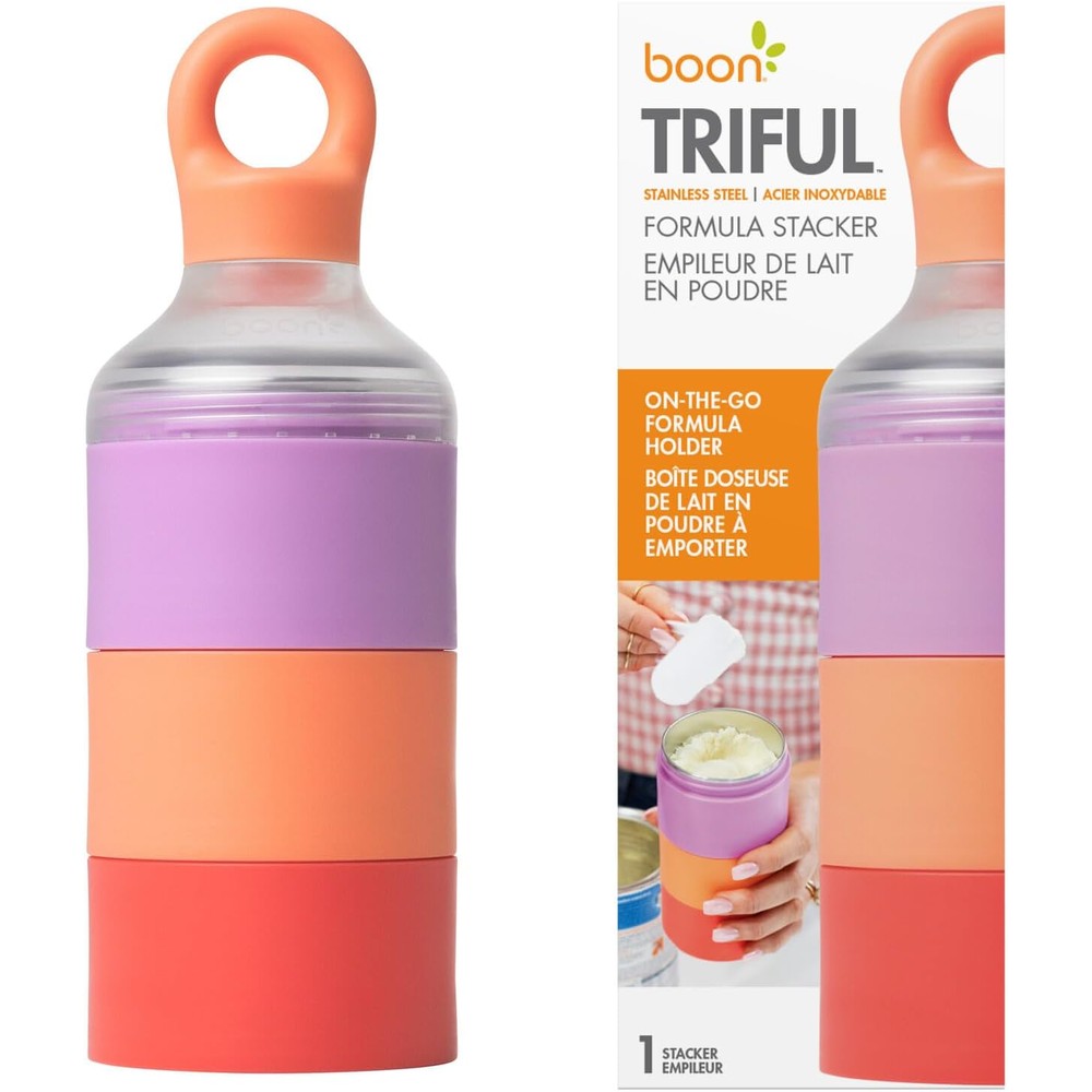 Boon Triful baby formula dispenser front view pink stainless steel stackable pods