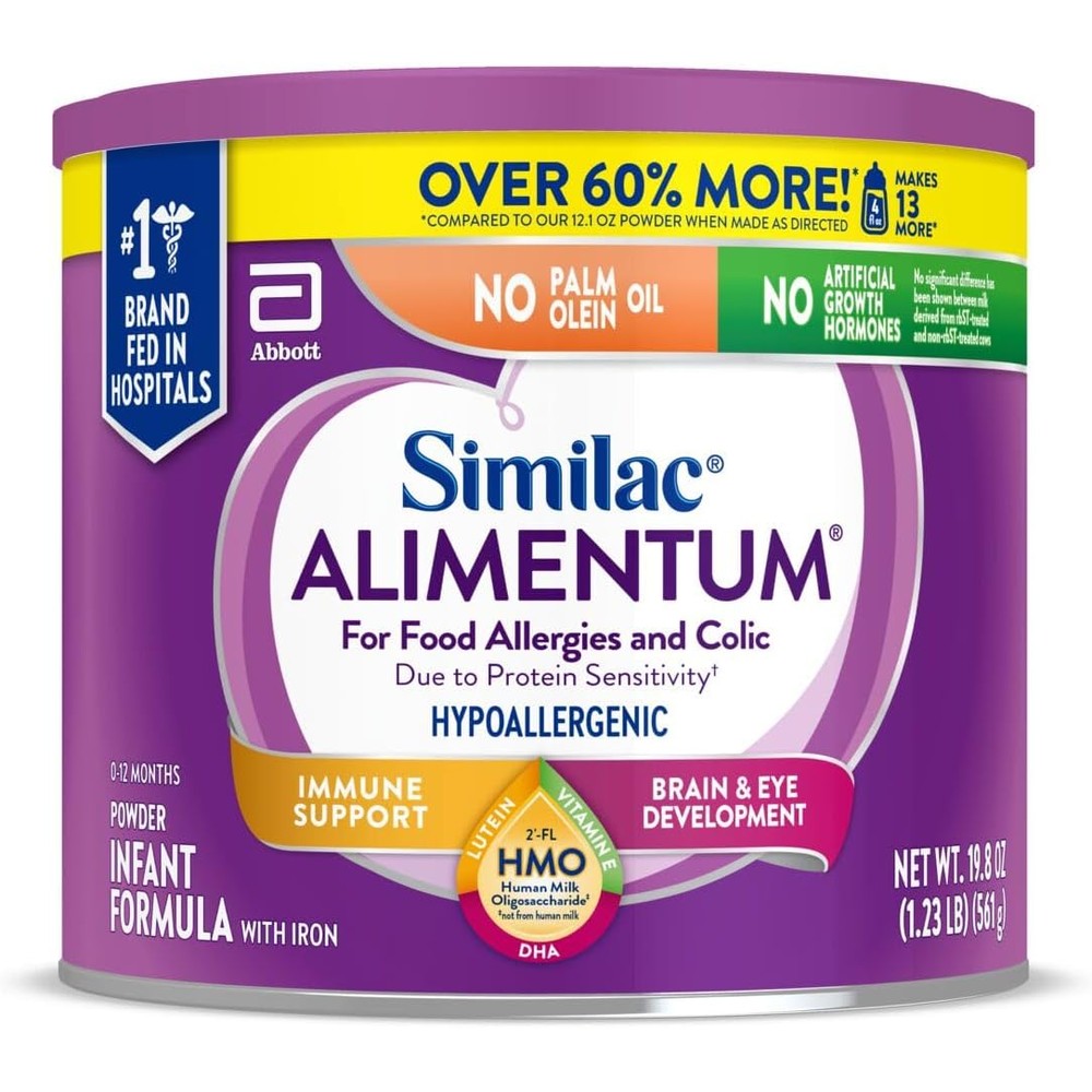 Similac Alimentum Hypoallergenic Infant Formula nineteen point eight ounce value can front view showing allergy relief label.