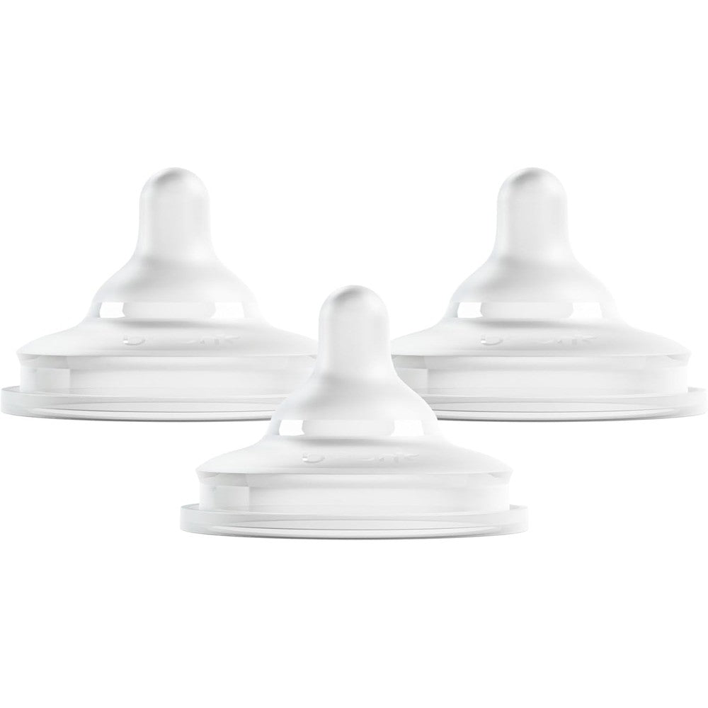 Boon Nursh Curve Silicone Baby Bottle Nipples three pack front view showcasing the slow flow stage one design