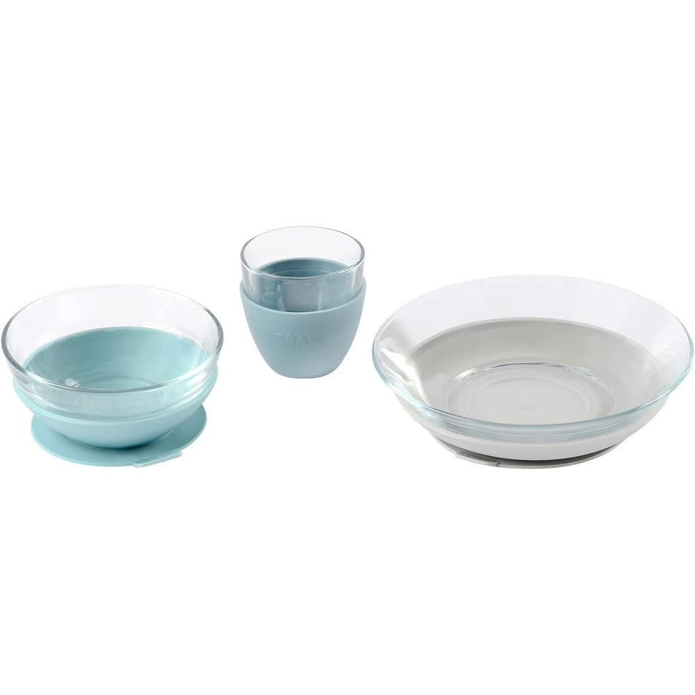 Beaba 3-piece tempered glass meal set front view with suction plate and bowl