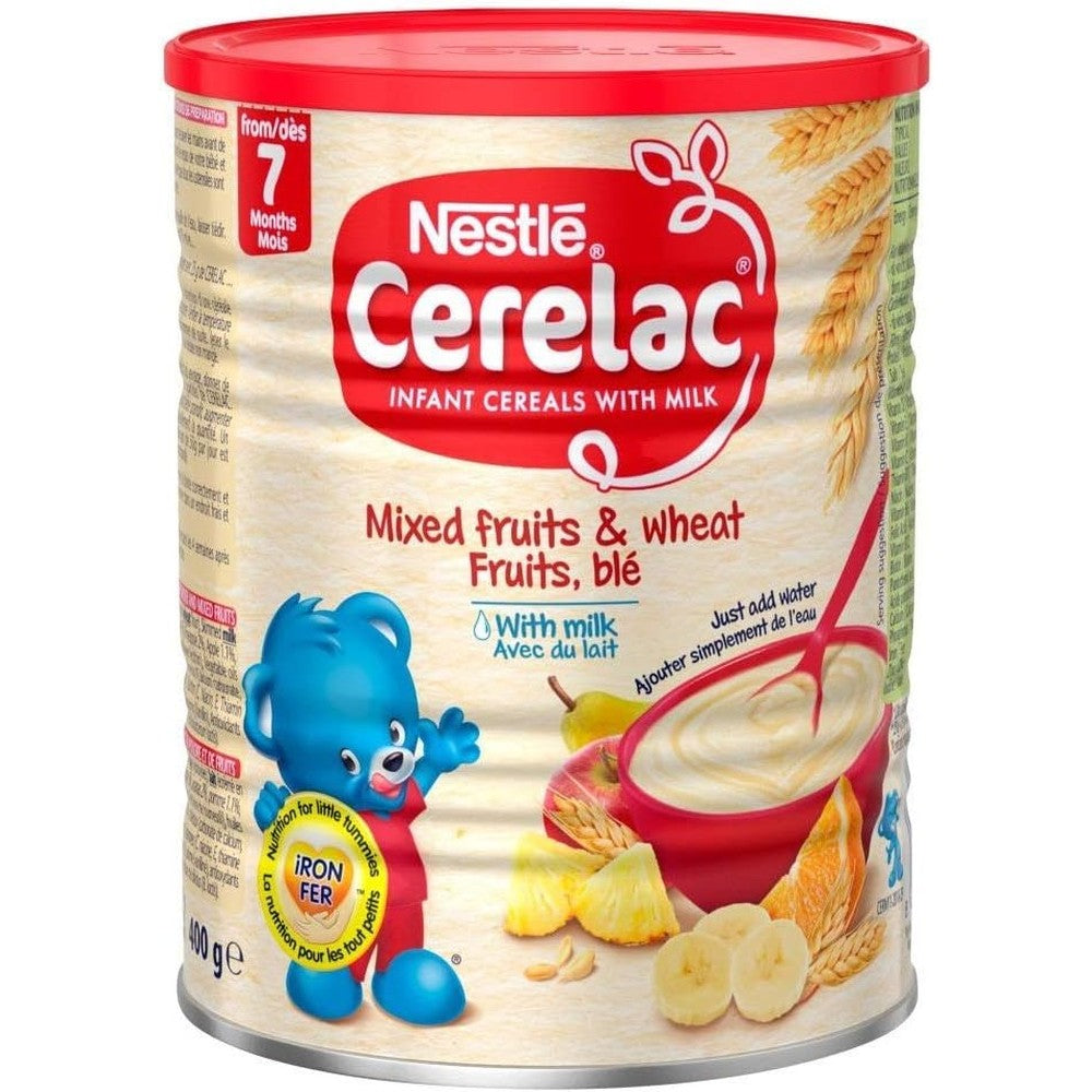 Nestle Cerelac Mixed Fruits and Wheat with Milk 400g canister front view for infant nutrition