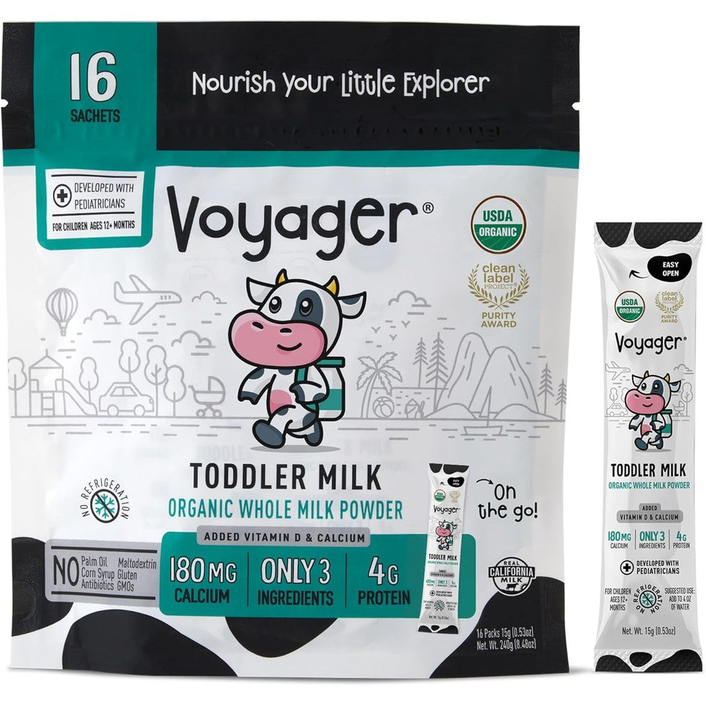 Voyager Toddler Milk On The Go box front view showing sixteen organic whole milk powder travel sachets