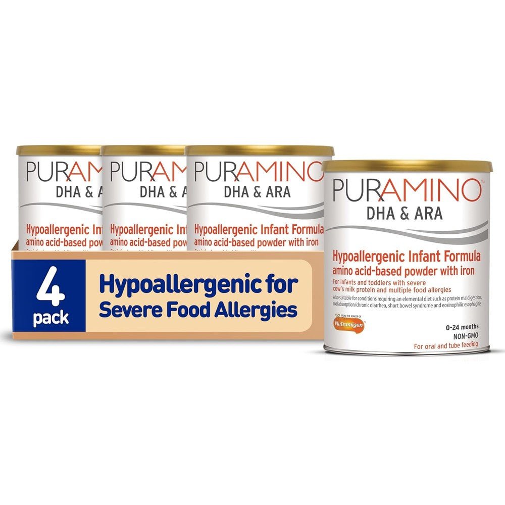 Enfamil PurAmino Hypoallergenic Infant Formula four pack front view showcasing authentic packaging.
