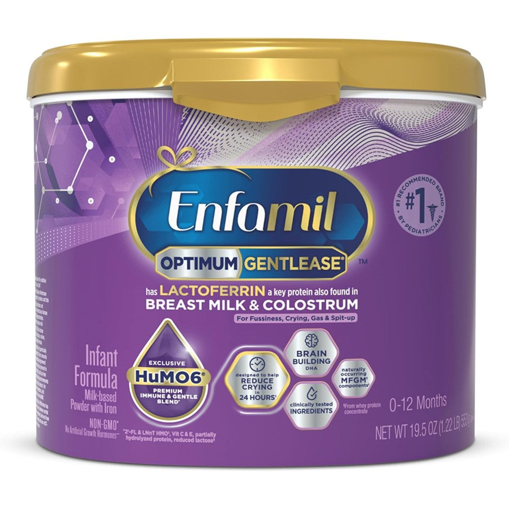 Enfamil Optimum Gentlease Baby Formula front view of nineteen point five ounce tub showing key benefits for gas and fussiness.