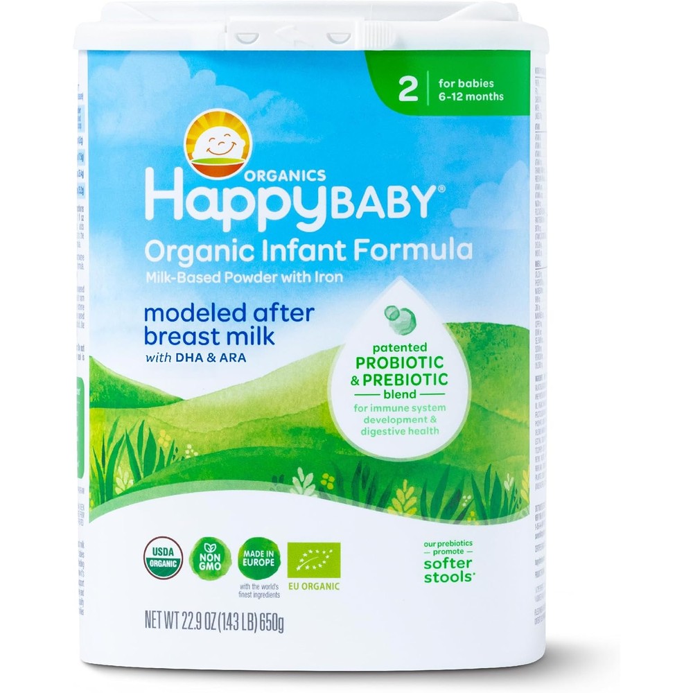 Happy Baby Organics Stage 2 Infant Formula front view packaging showing organic milk based powder details.