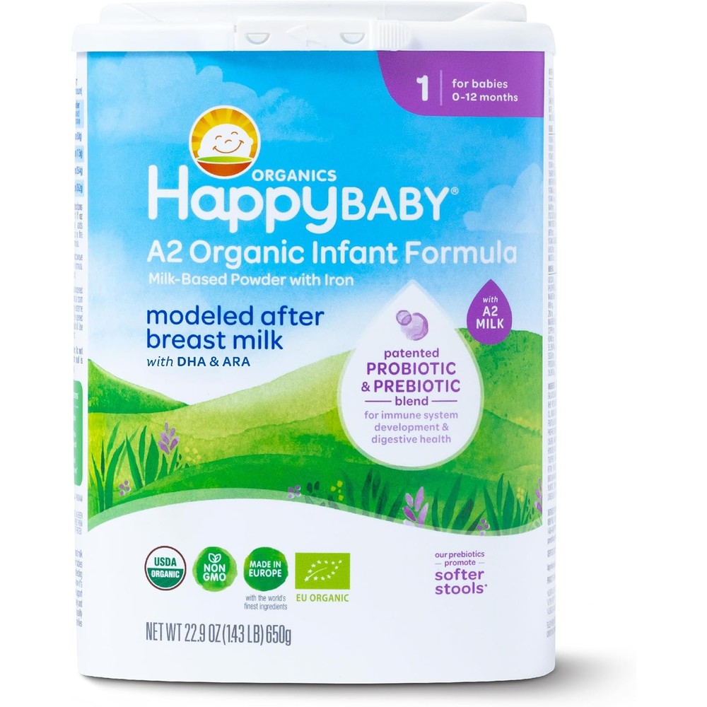 Happy Baby Organics Stage 1 A2 Infant Formula front container view premium baby milk powder.