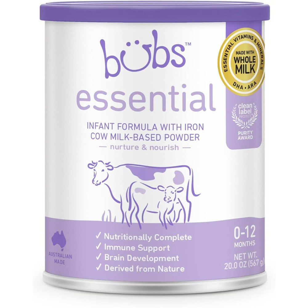 Bubs Essential Infant Formula front view of premium iron fortified canister