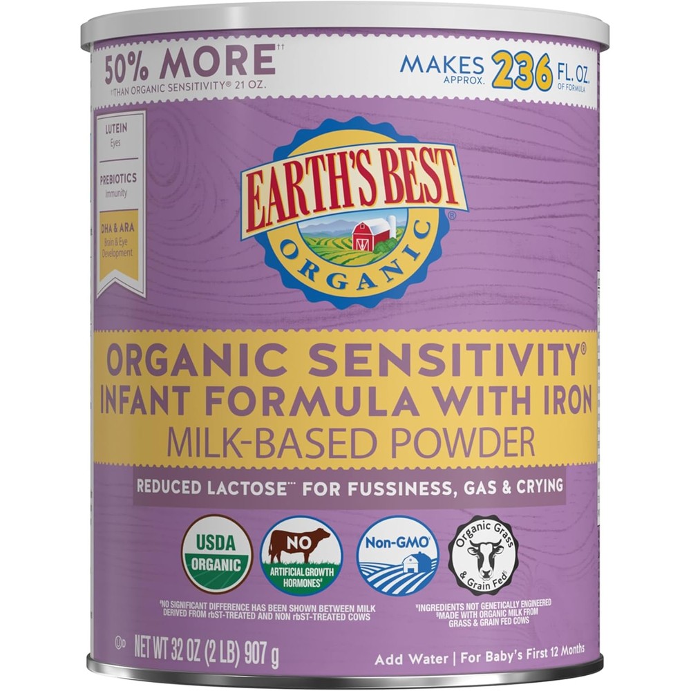 Earth's Best Organic Sensitivity Infant Formula front view of 32 ounce canister.