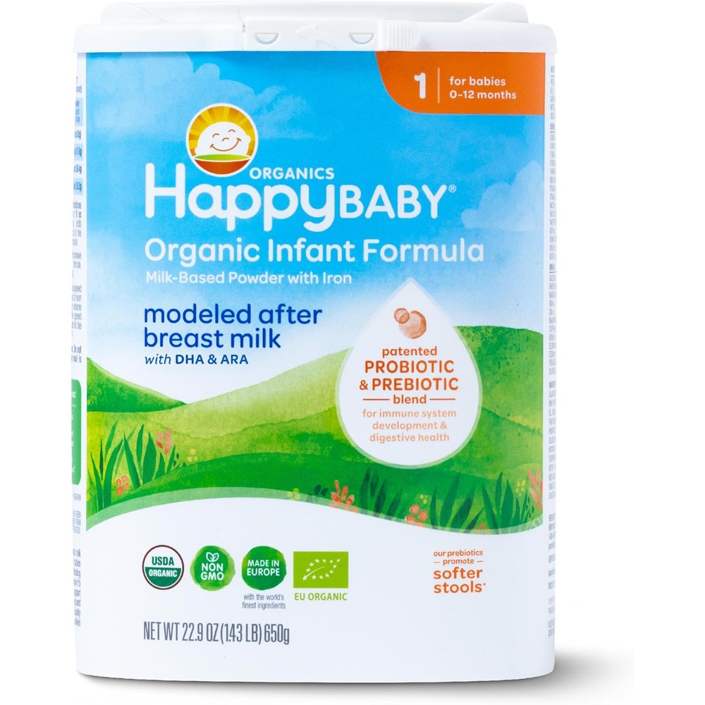 Happy Baby Organics Stage One Infant Formula front canister view showing organic baby milk powder.