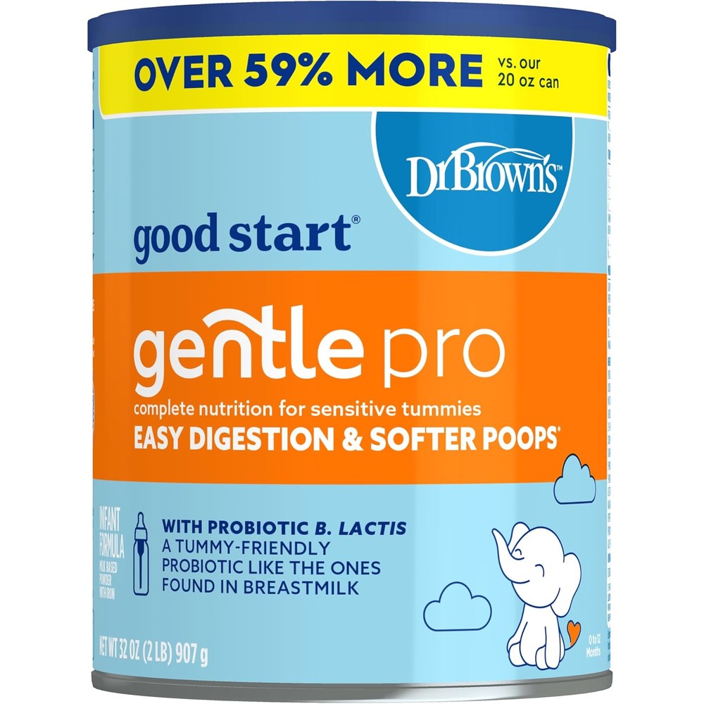 Good Start Dr Browns Gentle Pro baby formula powder thirty two ounce canister front view showing packaging details.