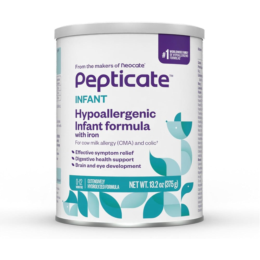 Nutricia Pepticate Hypoallergenic Infant Formula front view of the thirteen point two ounce powder canister