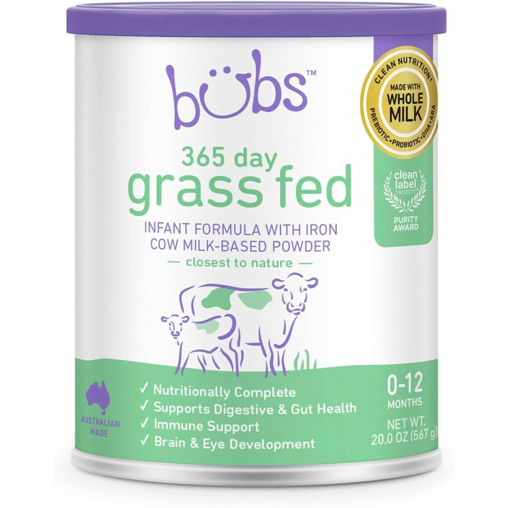 Bubs 365 Day Grass Fed Infant Formula front view canister for premium infant nutrition.