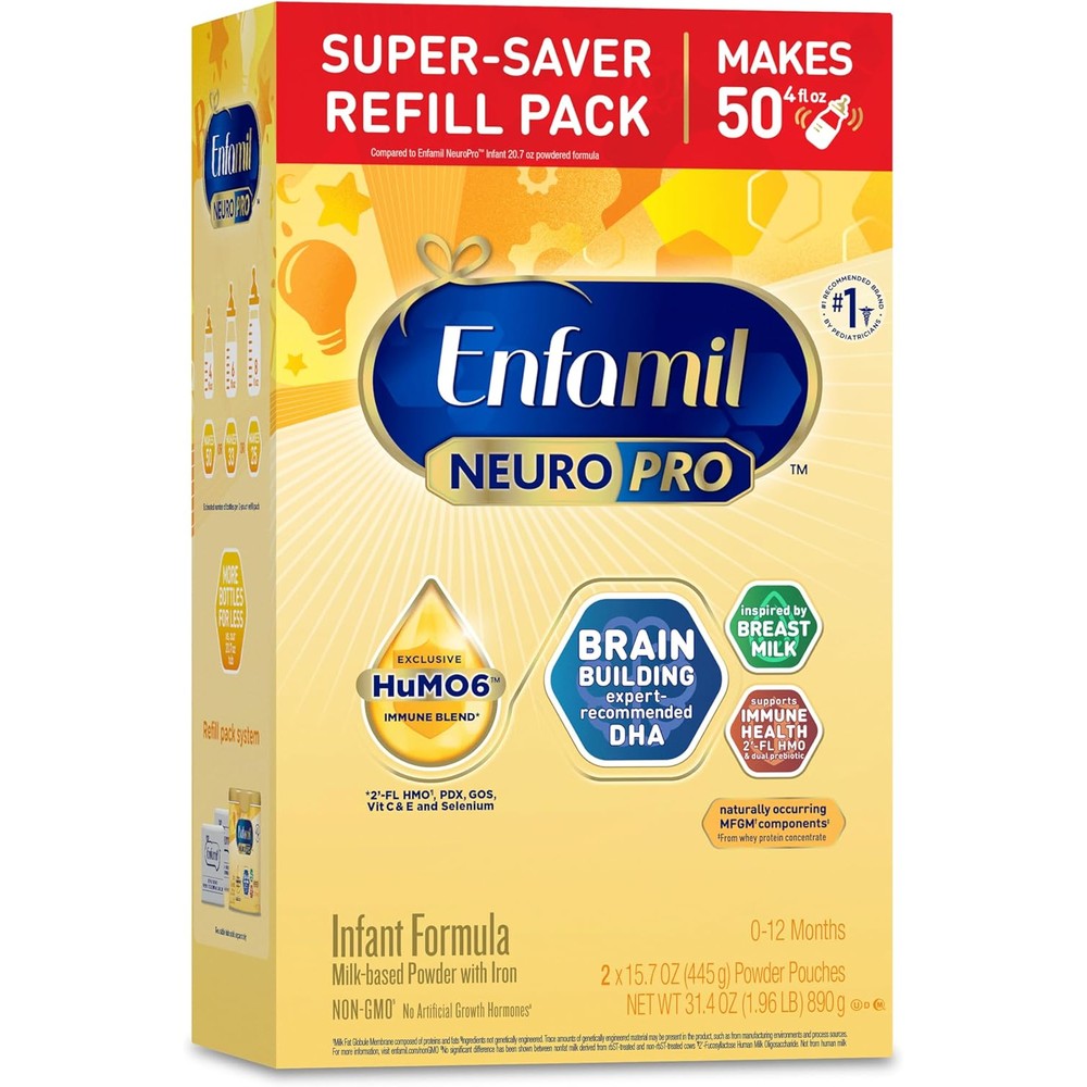 Enfamil NeuroPro Infant Formula front view showing the dual refill pack packaging and brain building benefits.