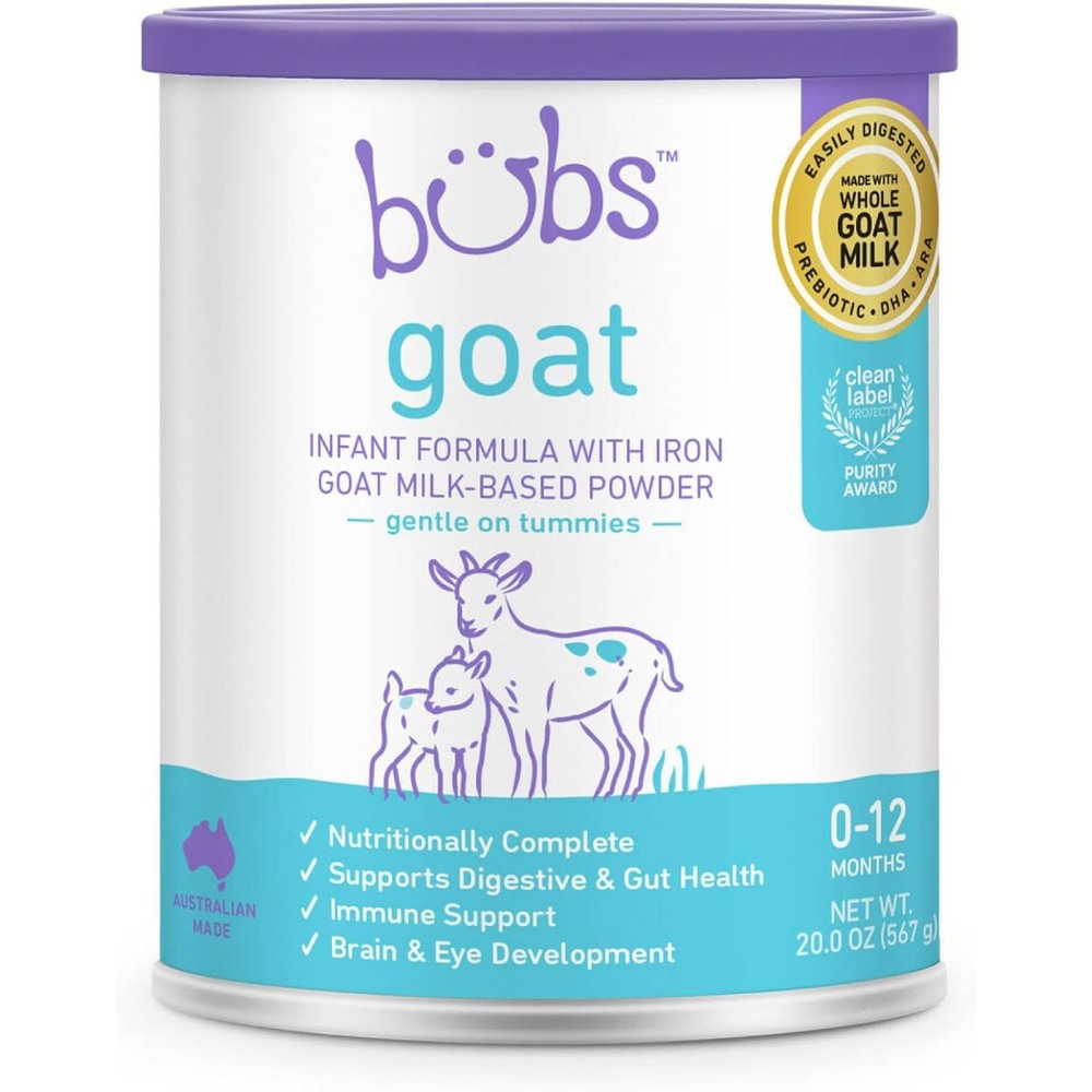 Bubs Whole Goat Milk Formula with Iron front view of twenty ounce canister