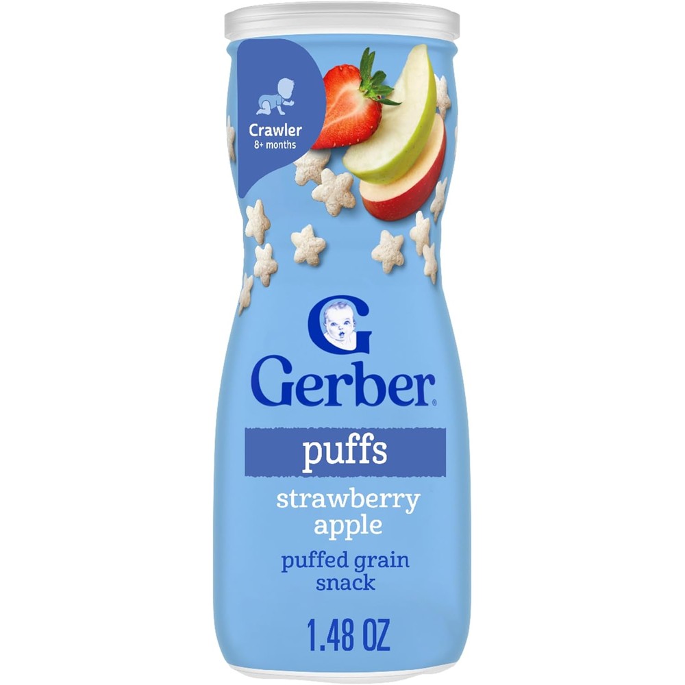 Gerber Strawberry Apple Puffs canister front view for babies