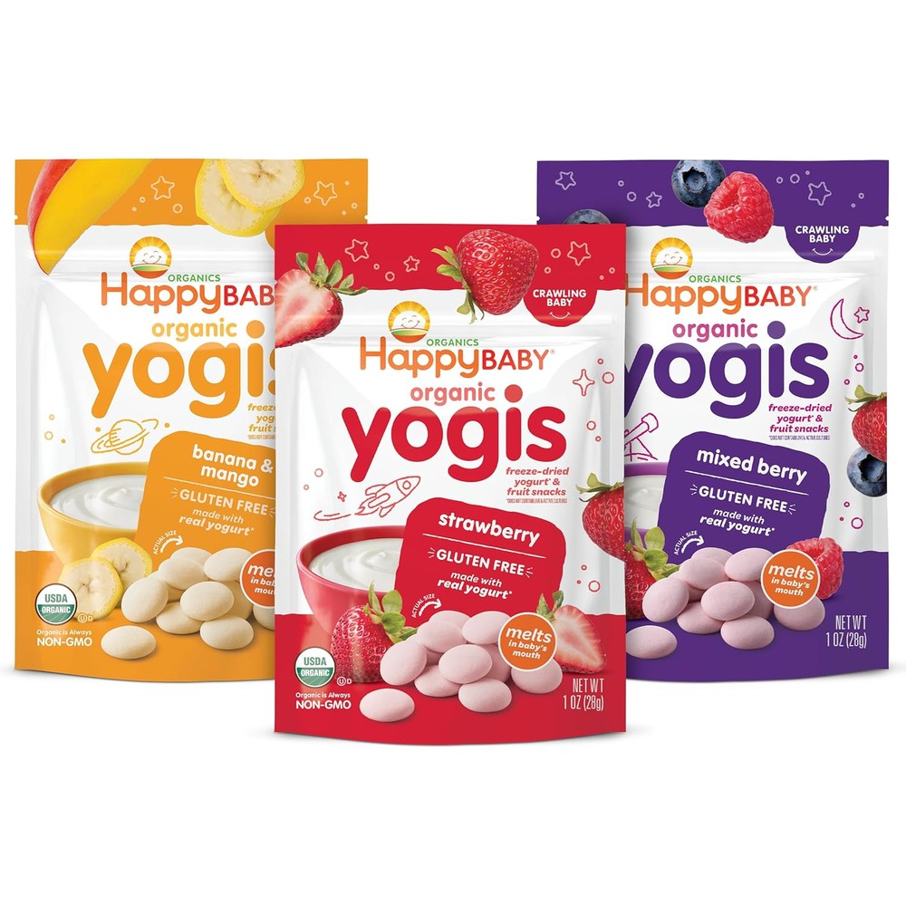Happy Baby Organics Yogis 3 Flavor Variety Pack front view showing organic baby yogurt snacks
