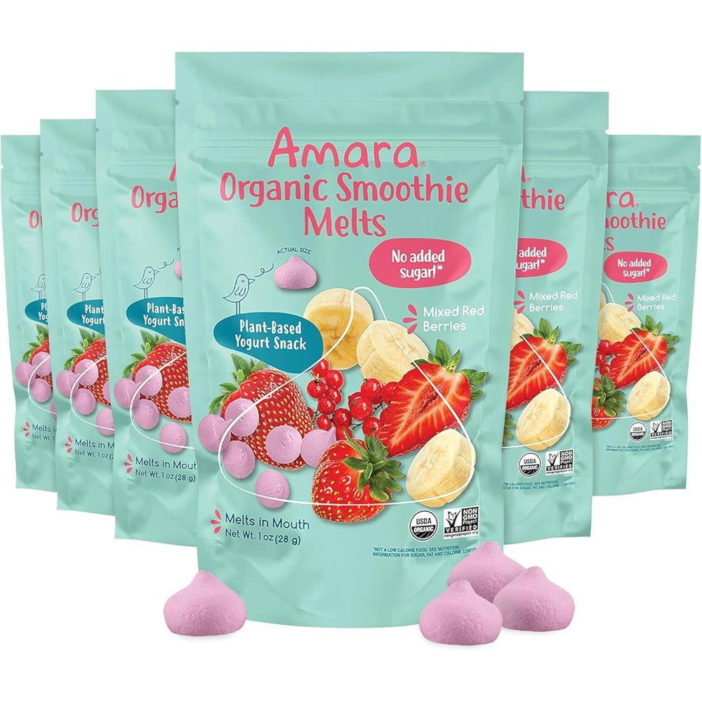 Amara Organic Smoothie Melts Mixed Red Berries front package view showing healthy plant-based toddler snacks