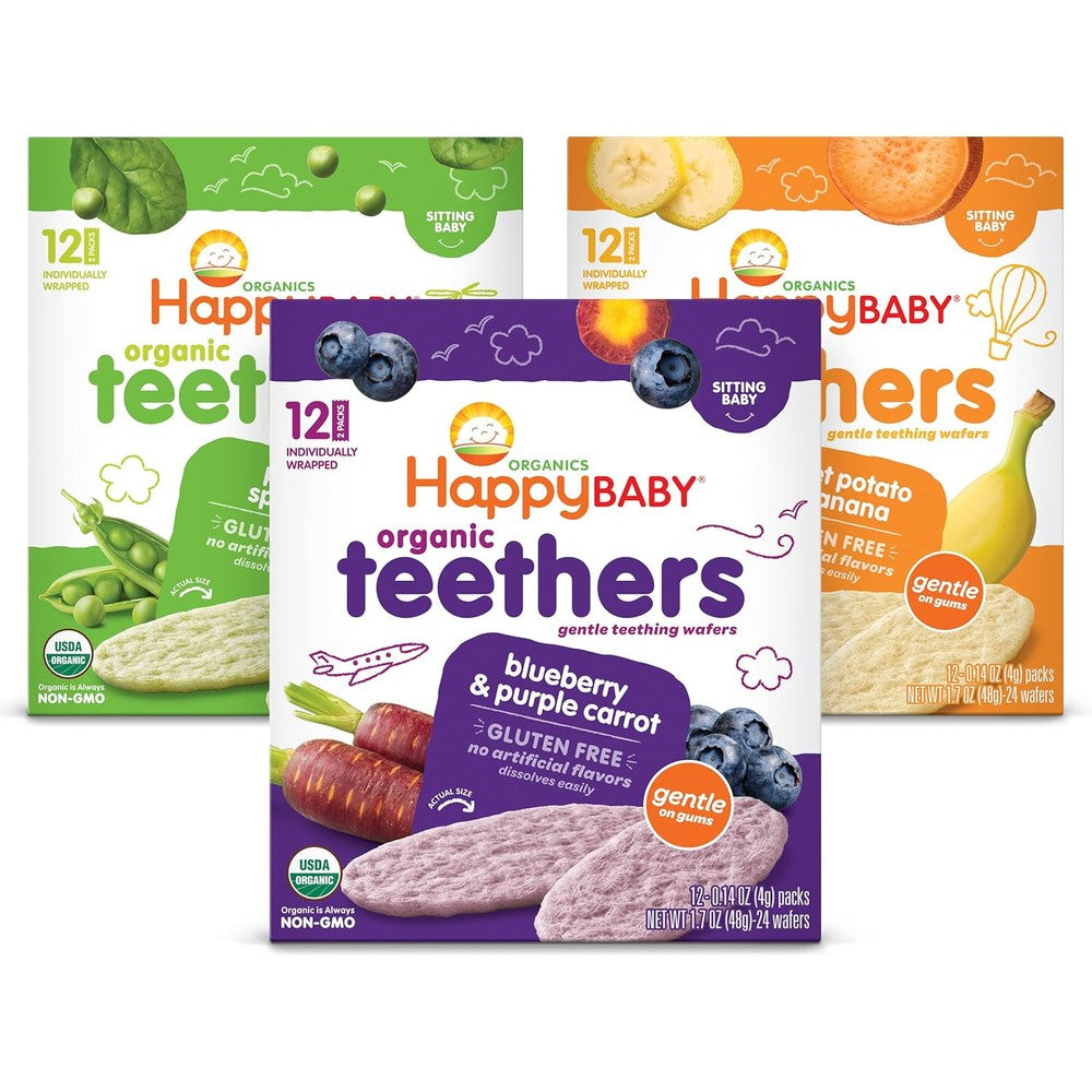 Happy Baby Organics Teether three flavor variety pack front view of packaging box