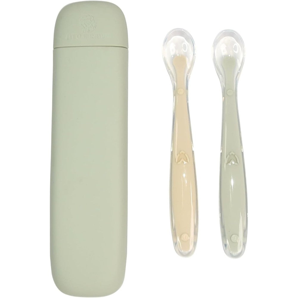 Little Rawr silicone baby feeding spoons green front view of two training utensils inside their protective clear storage box.