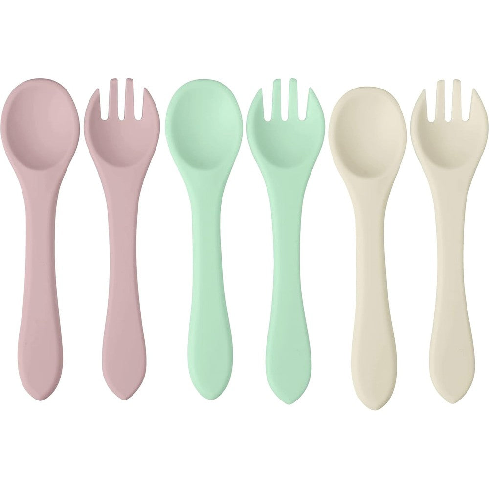 PandaEar Silicone Baby Spoon and Fork Set front view of the six pack self feeding utensils