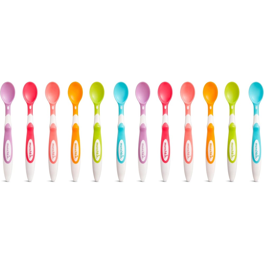 Munchkin soft tip baby spoons front view showcasing twelve colorful infant utensils.