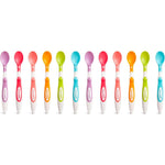 Munchkin soft tip baby spoons front view showcasing twelve colorful infant utensils.