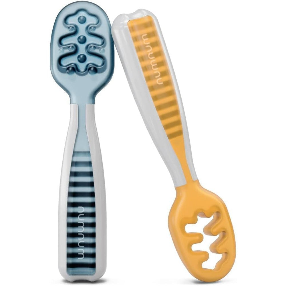 NumNum Baby Spoons Set front view of blue and orange pre spoon utensils on a clean surface.