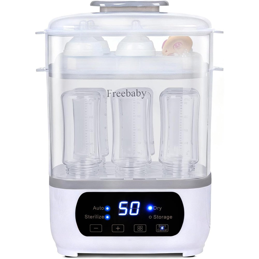 Freebaby Baby Bottle Steamer and Dryer front view showing the digital LED touch screen panel and sleek white chassis.