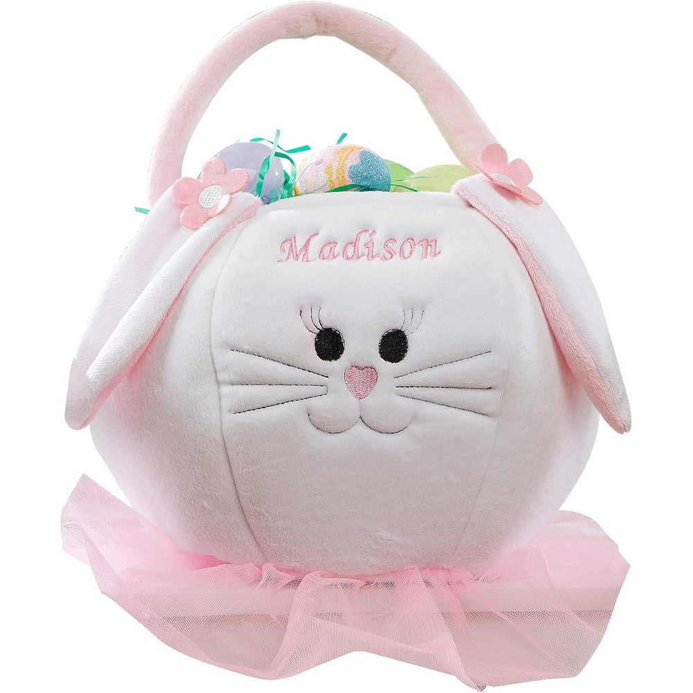 Personalization Universe Pink Polyester Easter Bunny Basket front view featuring custom embroidered name and pink tulle tutu skirt.
