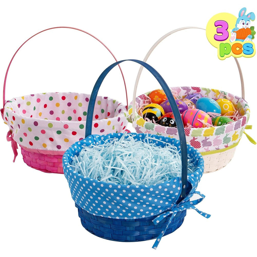 JOYIN 3 Piece Easter Bamboo Basket front view showing colorful polka dot linings