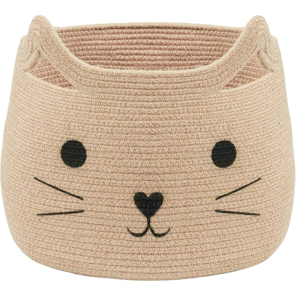 VK Living large woven cotton rope storage basket front view with embroidered cat face design