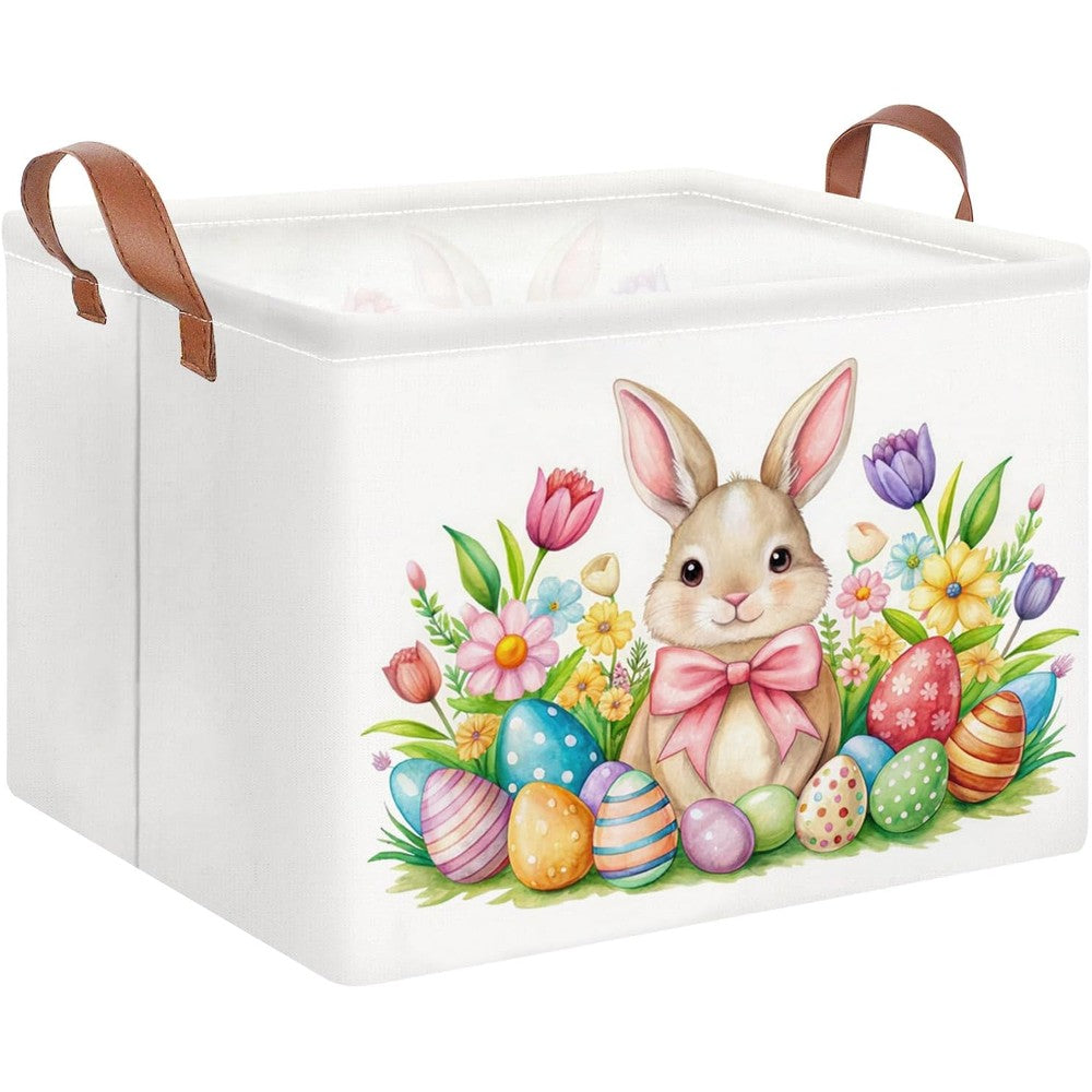 HKEC Rectangle Easter Egg Gift Basket front view showcasing watercolor bunny and spring flowers print.